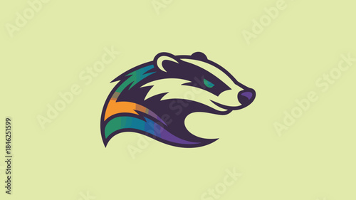 Colorful and modern digital illustration of a fierce badger head logo, inspired by wildlife and nature, designed for sports teams, branding, gaming, merchandise, and outdoor adventure marketing with v