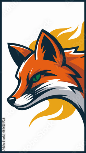 Stylized orange fox with green eyes and white accents in modern digital illustration style, featuring flames and dynamic composition, ideal for wildlife, nature, animal conservation, logo design, art
