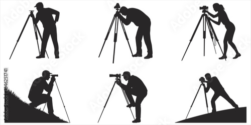 Silhouettes of Photographers Using Tripods in Various Poses Keywords: photographer, silhouette, tripod, camera, photography