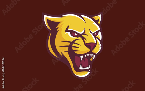 Aggressive roaring wild feline mascot logo design with fierce expression in modern cartoon style for sports teams, gaming, branding, merchandise, animal kingdom, fierce animal illustration on dark bac