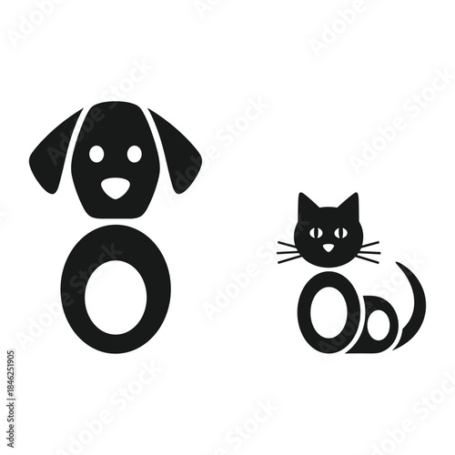 Minimalist black and white illustration of a dog and cat for pet care
