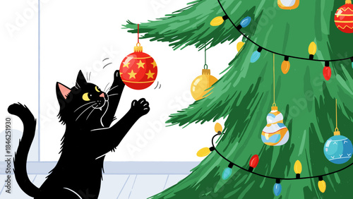 Black Cat Playing with Christmas Tree Ornament Cartoon Illustration