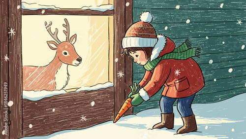 Child Feeding Reindeer Carrot in Snowy Winter Illustration