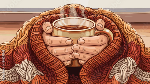 Cozy Hands Holding Steaming Hot Drink Mug Wrapped in Knitted Blanket Illustration