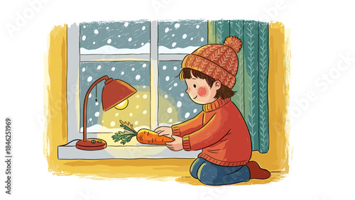 Little Girl Holding Carrot on Windowsill during Snowy Winter Illustration