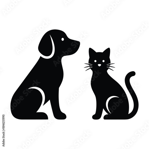 Black silhouettes of a dog and a cat sitting side by side as domestic pets