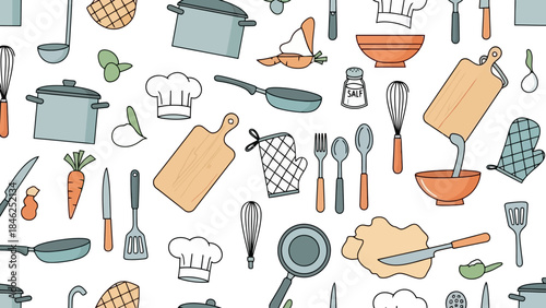 Seamless Pattern of Kitchen Utensils and Cooking Elements
