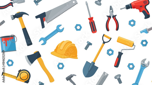 Seamless Pattern of Construction and Repair Tools on White Background