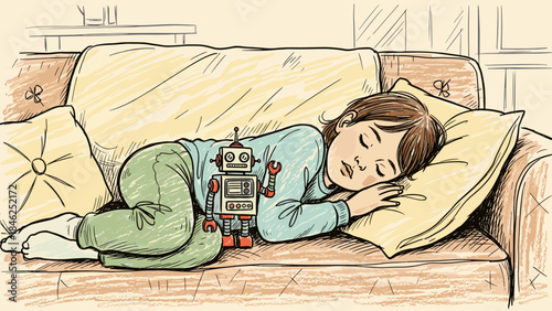 Sleeping Child Cuddling Robot Toy on Sofa Hand-drawn Illustration