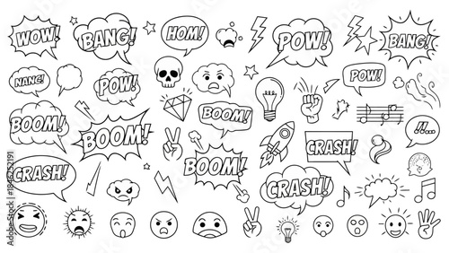 Retro Comic Book Style Speech Bubbles, Sound Effects and Emoticons Vector Art