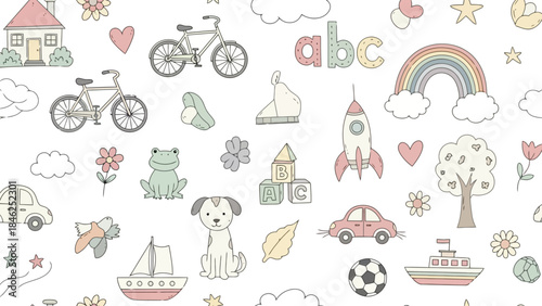 Cute Seamless Pattern with Toys, Vehicles, and Nature Elements for Kids Room Decor