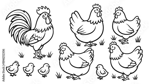 Vector Illustration of a Rooster, Hens, and Chicks on a White Background