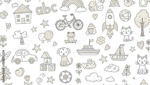 Cute Kids Seamless Pattern with Toys, Animals, and Transportation for Nursery Decor