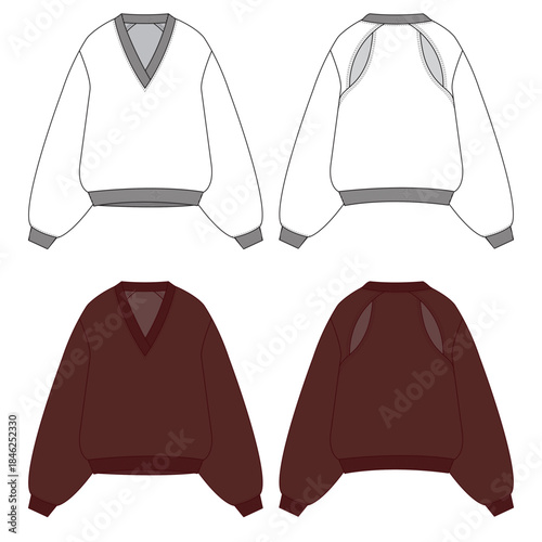 Women’s, Unisex Oversized V Neck Sweatshirt Technical Flat Sketch with back cut out  and Front and Back CAD Template, mockup