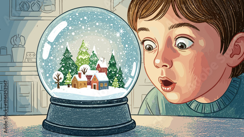 Young Boy Amazed by Snow Globe Winter Village Illustration