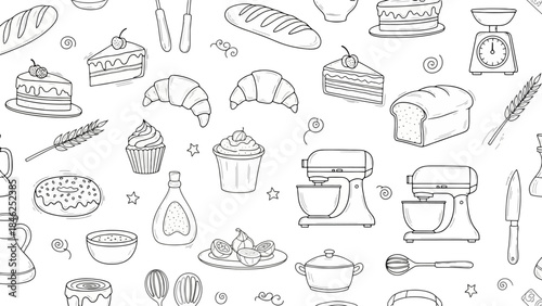 Hand-drawn seamless pattern of baking and pastry illustrations, doodle art