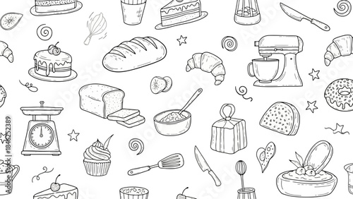 Hand-Drawn Bakery and Baking Supplies Seamless Pattern Vector Art