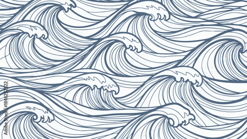 Seamless Pattern of Stylized Blue Ocean Waves in Motion, Graphic Art Design