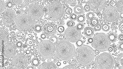 Seamless Abstract Pattern of Dotted Concentric Circles and Sunburst Shapes on White