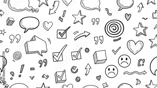 Hand-Drawn Doodle Seamless Pattern of Icons: Speech Bubbles, Hearts, Stars, and Checks