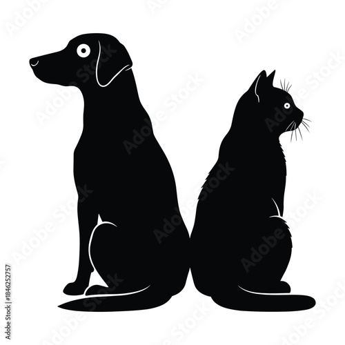 Black and white silhouette illustration of a dog and cat sitting back to back