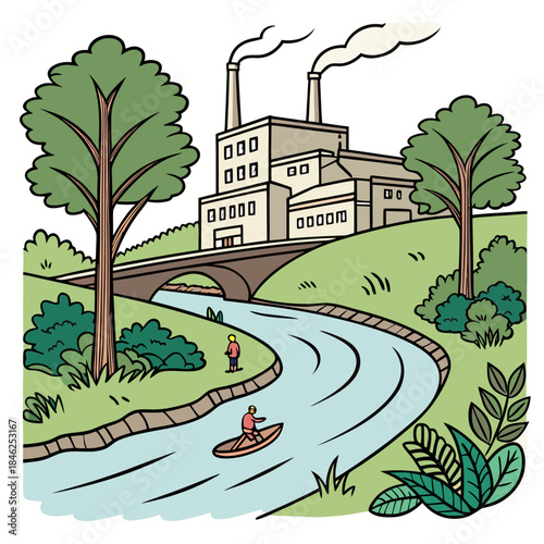 Cartoon factory by river with people and trees bridge
