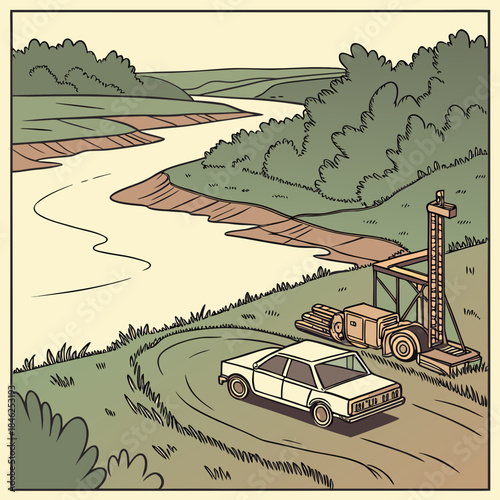 White car parked next to logging equipment by a river