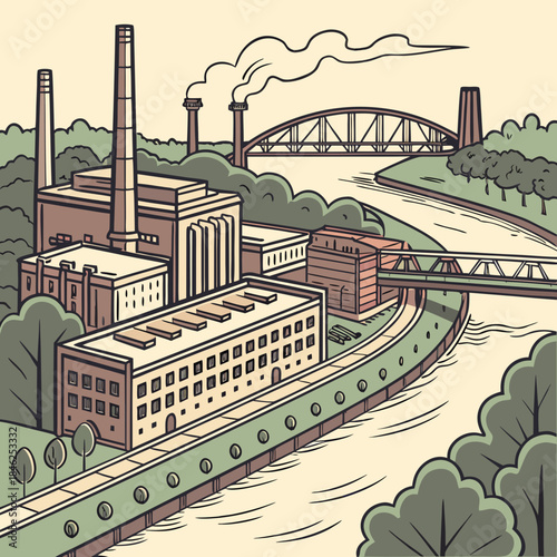 Industrial complex with smokestacks and bridge over river