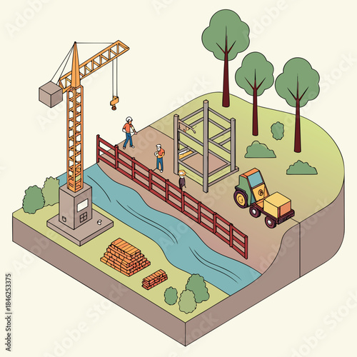 Isometric construction site with crane and workers by a river
