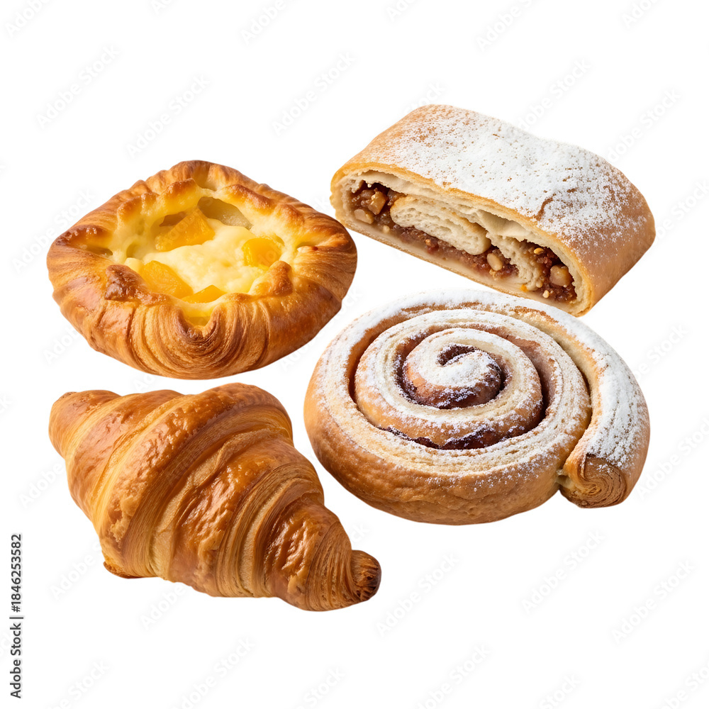 Fototapeta premium Assorted Baked Pastries and Croissants on White Background