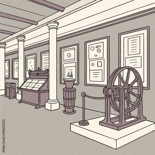 Museum interior with exhibits and columns display cases