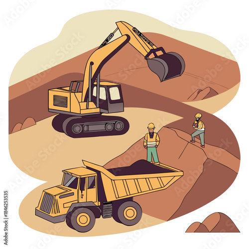 Excavator and dump truck with workers on construction site