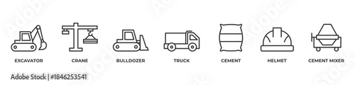 Heavy Construction Essentials Icons set vector illustration outline with Excavator, Crane, Bulldozer, Truck, Cement, Helmet, Cement mixer