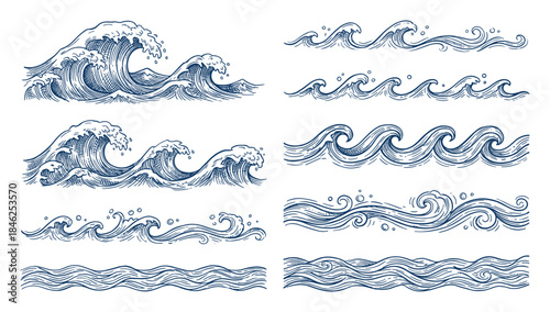 Engraved Ocean Waves Illustration Set in Blue on White Background - Aquatic Design