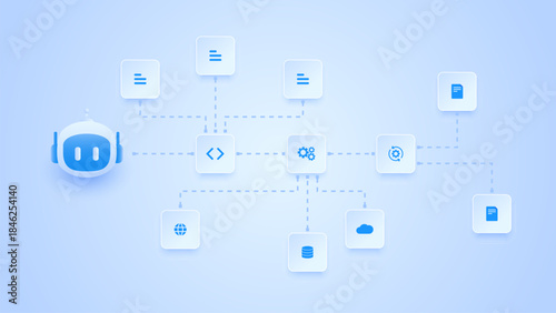AI workflow automation artificial intelligence. ai agent workflow network diagram connecting data processing, cloud data and automation system.