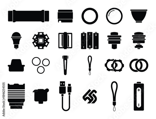 Flashlight Components Silhouette: LED, Battery, USB, Gears, Rings, and Other Parts