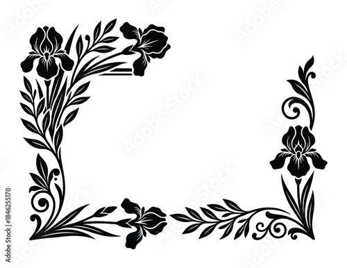 Floral Frame Design with Iris Flowers, Black and White Vector Illustration Border Decoration