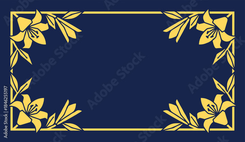 Floral frame design with yellow lilies and leaves on a dark blue background