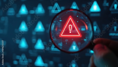 System engineer examines warning sign in digital network. Magnifying glass shows red triangle with exclamation mark. Cyber security issue found in data flow.