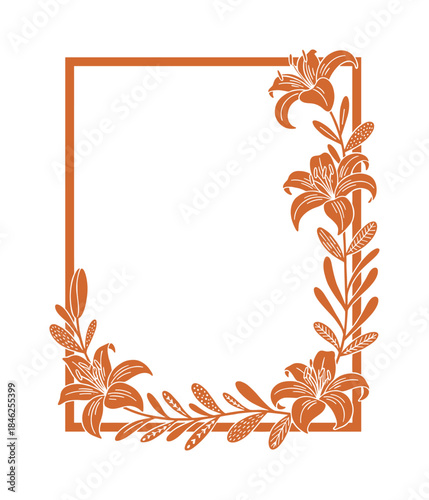 Floral Frame Square with Orange Lilies and Leaves Border, Modern Design