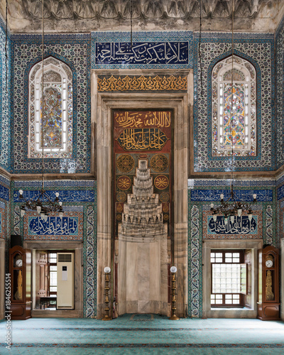 Muradiye Mosque in Manisa, Izmir, centralizes Islamic architecture, displaying exquisite tile work and serene atmosphere. The peaceful ornate interior reflects rich cultural heritage of Turkey