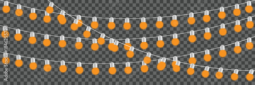 A string of horizontal Christmas lights in a straight line on a PNG background.