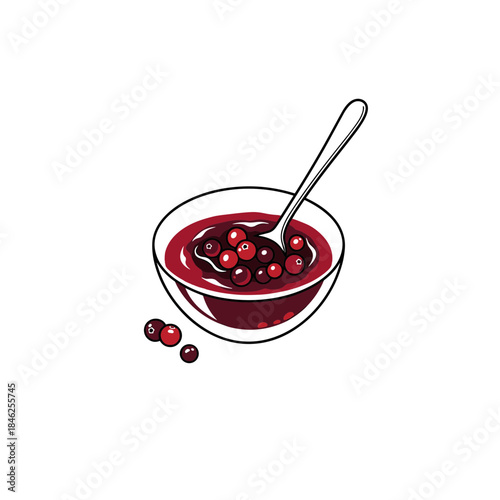 Bowl of cranberry sauce with a spoon and scattering cranberries in an illustrative style
