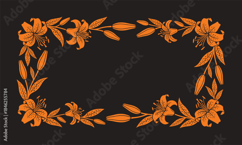 Floral Frame with Orange Lilies on Black Background Illustration
