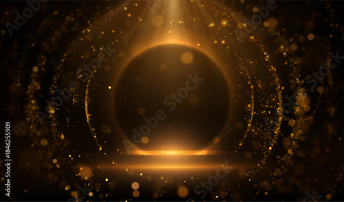 Prestige round award frame from glowing golden bokeh light. Elegant, ceremonial border for high achievement and honor, perfect for corporate recognition graphics, certificates, and award presentations