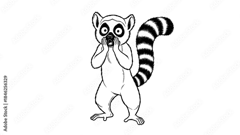 Naklejka premium Art Deco Lemur Character Clasped to Face with a Symmetrical Exclamation Tail Design