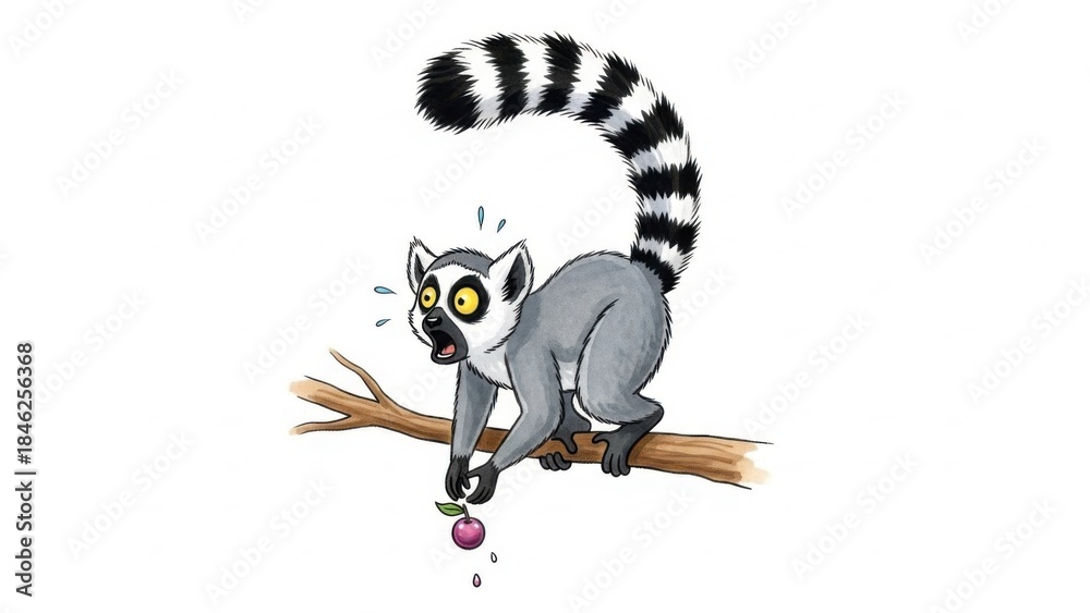 Naklejka premium Gouache Textured Illustration of a Lemur Perched with Tail Arched in Sudden Alarm