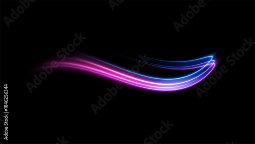 Vector illustration of dynamic, glowing spiral in vibrant neon colors (blue, purple) on black background. Retrofuturistic aesthetic of synthwave, outrun, and 80s retro gaming. Light spiral element