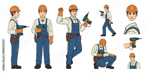 Male Industrial Technician Holding Electric Drill. Maintenance Worker Character Constructor for Animation with Helmet, Overall Uniform, Front, Side and Back Views. Vector Illustration