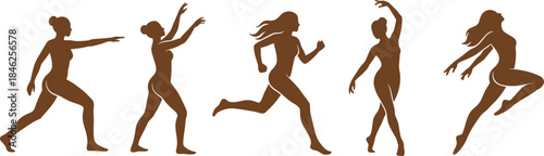 Female dance silhouettes in dynamic poses, illustrating movement, grace, fitness, and artistic expression for choreography, performance, and creative design concepts
